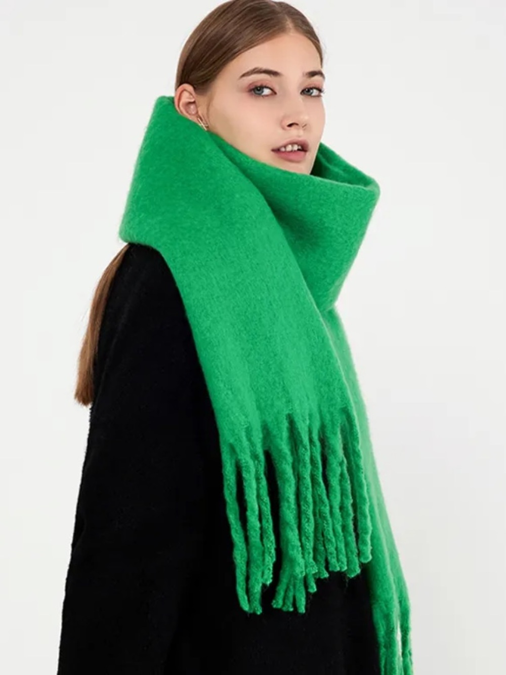 Cozy Oversized Fringe Scarf in Bright Green - Picture 2 of 10